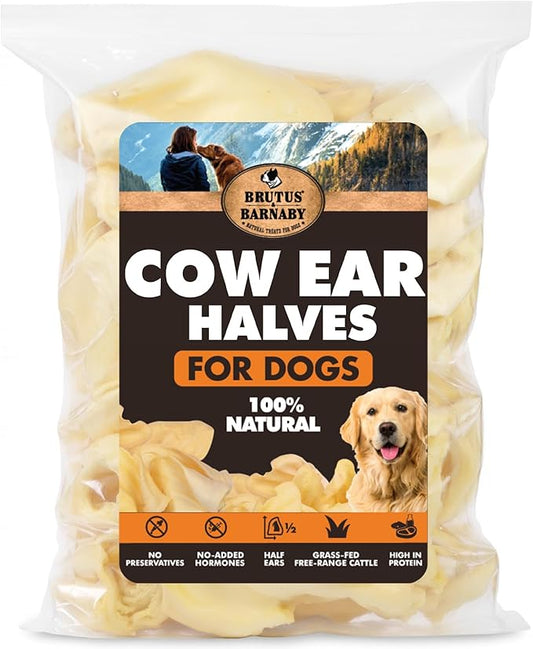 BRUTUS & BARNABY Cow Ears for Dogs – Halves 100 ct, Thick Cut, Grass-Fed Angus Beef, All-Natural No-Rawhide Dog Treat Alternative