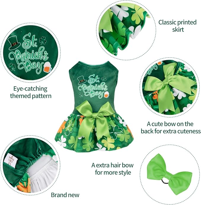 CuteBone St.Patrick's Day Dog Green Dress Velvet for Small Dogs Girl Puppy Dresses Clover Dog Clothes CVA13XS-D