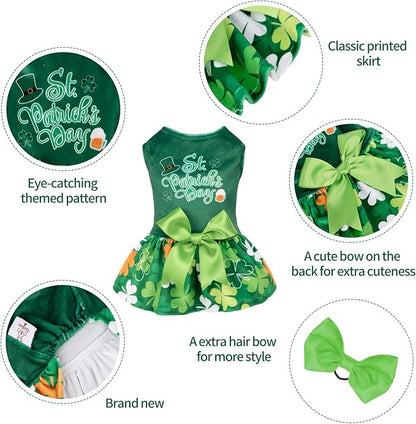 CuteBone St.Patrick's Day Dog Green Dress Velvet for Small Dogs Girl Puppy Dresses Clover Dog Clothes CVA13XS-D