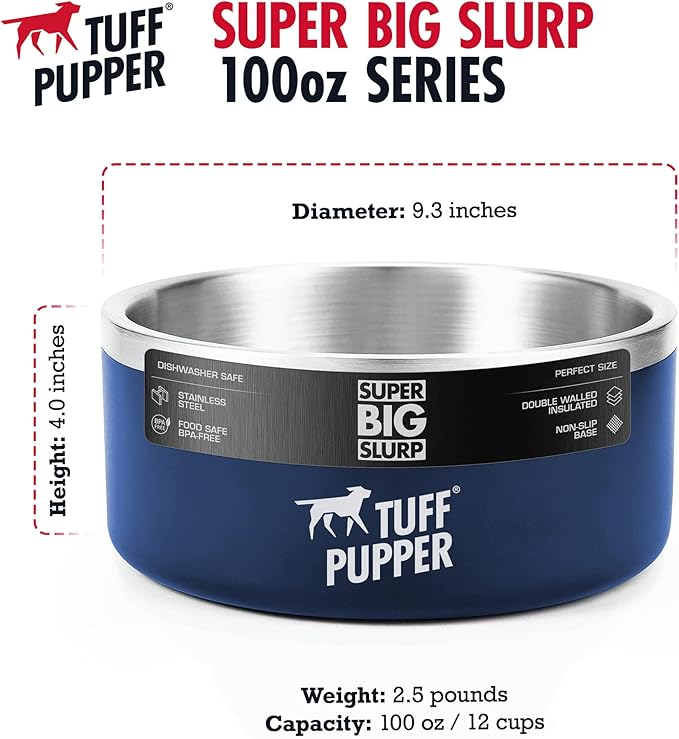 Tuff Pupper 100 oz Heavy Duty Insulated Stainless Steel Dog Bowl for Large Dogs, Non-Slip Base, Dishwasher Safe