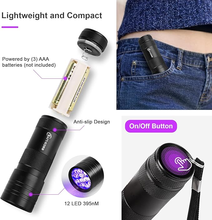 ESCO LITE 2 Packs Black Light Flashlight, 12LED 395nm UV Handheld Black Light Mini Flashlight, Dogs Urine Detector for Dry Urine Stains, Bed Bugs, Scorpions