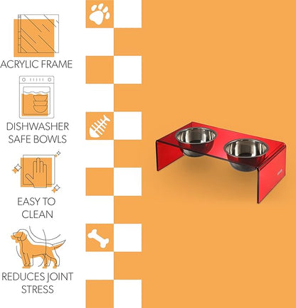 THE LICKER STORE DBL2000H Keaton 5" Small/Medium Modern Acrylic Rectangular Elevated Pet Feeder with 20oz 2-Stainless Steel Bowls, Red/Chrome