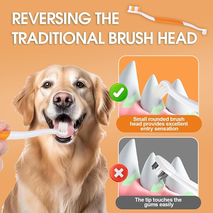 Dog Toothbrush – Newly Upgraded Dual-Head Design with 60° Wavy Bristles–Gently Surrounds Teeth for Deep Cleaning and Plaque Removal – Non-Slip Handle, Ideal for Daily Pet Dental Care (Orange, 1-Pack)