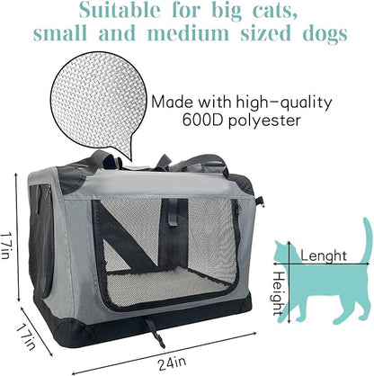 Fhiny Large Cat Carrier for 2 Cats, 24"x17"x17" Soft Dog Crate Collapsible Portable Travel Pet Carrier Bag Durable Breathable Foldable Kitten Carrier Bag for Puppy Cats Under 45 Lbs Grey