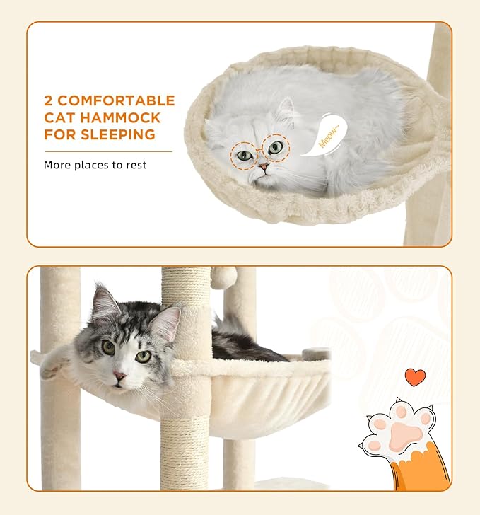 Made4Pets Tall Cat Tree, 71 Inches Cat Tree Tower for Indoor Cats Large Adult, Plush Multi-Level Cat Tower with 5 Scratching Posts, 2 Hammock, Condo and Perch, Big Cat House Indoor, Beige
