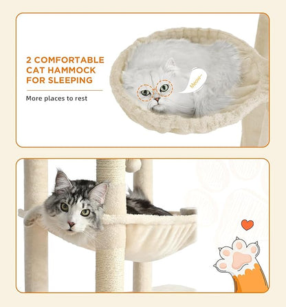 Made4Pets Tall Cat Tree, 71 Inches Cat Tree Tower for Indoor Cats Large Adult, Plush Multi-Level Cat Tower with 5 Scratching Posts, 2 Hammock, Condo and Perch, Big Cat House Indoor, Beige