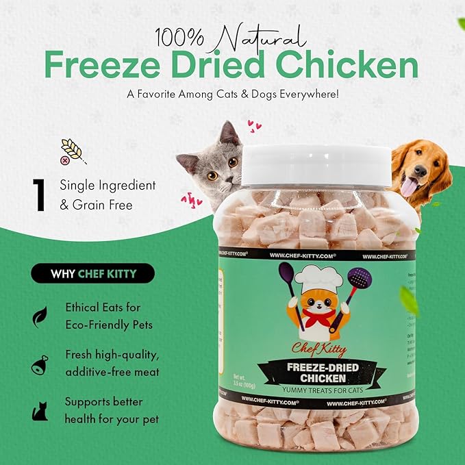 Freeze-Dried Chicken Treats for Cats & Dogs – 100% Human Grade, Single Ingredient, High-Protein, Healthy Snack – No Additives or Preservatives – 7.7oz - Inspected & Tested in USA