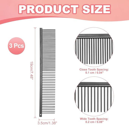 Dog Cat Comb, Pet Combs Stainless Steel Teeth with Rounded Ends for Knots Mats Loose Hair Removal, 7.5IN (Black Plated, 3 Pack), Grooming Tool Intended for Long Curly Hair Pet