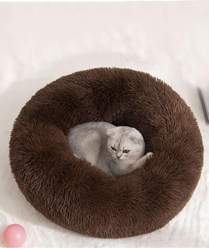 BODISEINT Faux Fur Dog Bed, Shag Round Anti-Anxiety Pet Calming Doughnut Cuddler for Medium Large Puppy Dog Cat Kennel Cushion Self Warming Bed (28'' D x 8'' H, Chocolate)