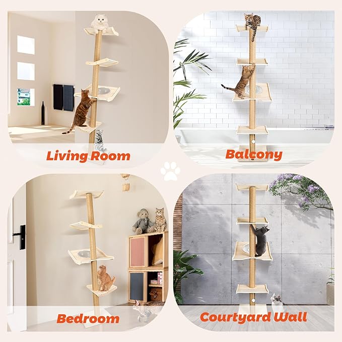 Cat Tree, 4-Tier Cat Tower 76" Tall Against Wall Cats Climbing Tower with Rotatable Scratching Posts, Cat Shelves Perch and Hanging Toy Ball, Cat Tree Tower for Indoor Cats