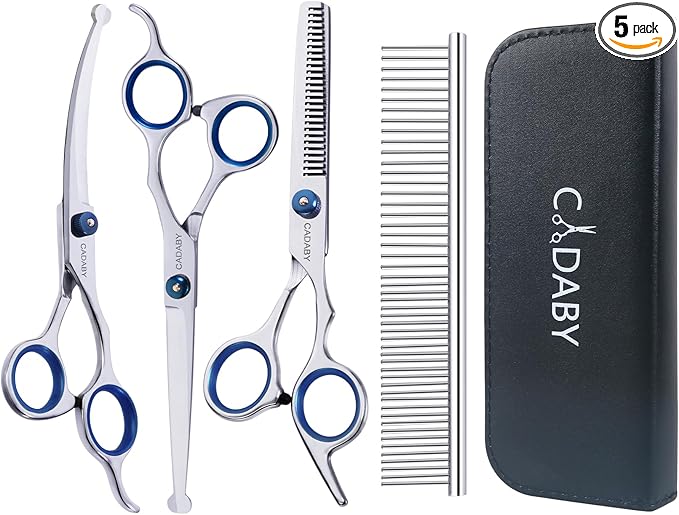 Dog Grooming Scissors with Safety Round Tips, 5 in 1 Dog Grooming Scissors Kit, 4CR Stainless Steel Professional Pet Grooming Shears for Cat, Sharp and Sturdy