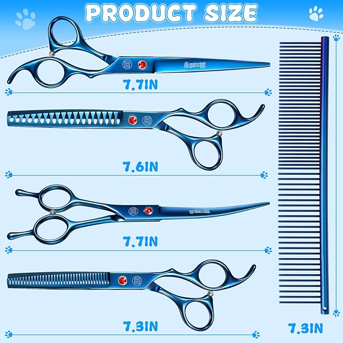Professional Dog Grooming Scissors Set, 7 Inch/8 Inch Pet Grooming Scissors Chunkers Shears for Dog, Curved Dog Grooming Scissors, Thinning Shears for Dog with Grooming Comb