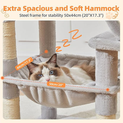 Taoqimiao Cat Tree 57.5-Inch, Cat Tower for Indoor Cats Large Adult, Extra Large Cat Condo, 8 Sisal Scratching Posts, Metal Frame Cozy Hammock, Durable Scratch Board, 2 Top Perches, Light Gray MS026W