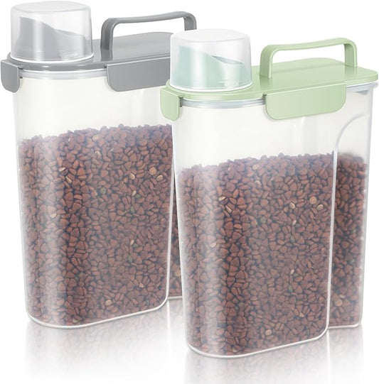 5-7Lbs Dog Cat Food Storage Container with Upgraded Large Nozzle BPA-free, 4 Snap Seals Plastic Pet Food Storage Containers with Handles (Light Green+Light Gray, 5L-2pack)