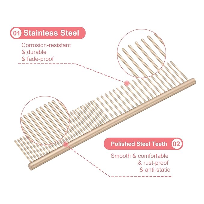 Dog Cat Comb, Pet Combs Stainless Steel Teeth with Rounded Ends for Knots Mats Loose Hair Removal, 6.5IN (Gold Coated, 3 Pack), Grooming Tool Intended for Long Curly Hair Pet