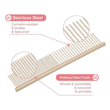 Dog Cat Comb, Pet Combs Stainless Steel Teeth with Rounded Ends for Knots Mats Loose Hair Removal, 6.5IN (Gold Coated, 3 Pack), Grooming Tool Intended for Long Curly Hair Pet