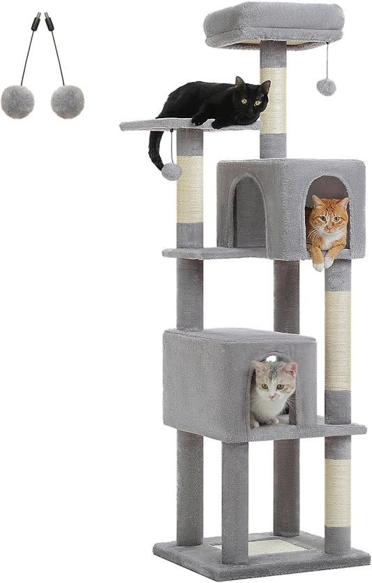 PAWZ Road Cat Tree Tower 62 Inches Cat Tree with 2 Condos,2 Large Perch,4 Scratching Posts & 1 Scratching Board, and 2 Hanging Balls for Indoor Cats-Grey