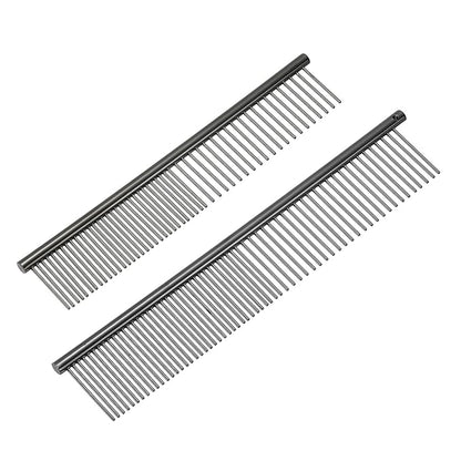 Dog Cat Comb, Pet Combs Stainless Steel Teeth with Rounded Ends for Knots Mats Loose Hair Removal, 6.5/7.5IN (Black Plated, 2 Pack), Grooming Tool Intended for Long Curly Hair Pet
