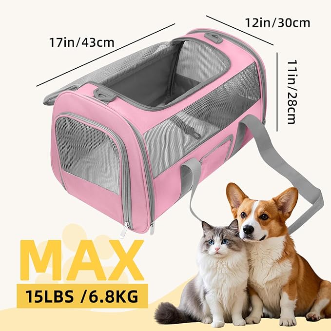 Soft Side Cat Carrier Airline Approved for Puppy Kitten Dog Carriers for Small Medium Cats Under 15lb, Collapsible TSA Approved Travel Pet Carrier, Pink with Grey