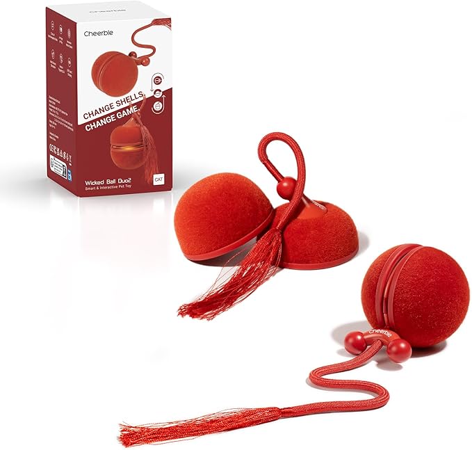 Cheerble 2 in 1 Interactive Cat Toys for Indoor Cats - Wicked Ball Duo2 Automatic Cat Toy, Dual Interchangeable Shells, Electric Cat Toy Ball with Chirping Sounds, Rechargeable Moving Kitten Toys, Red
