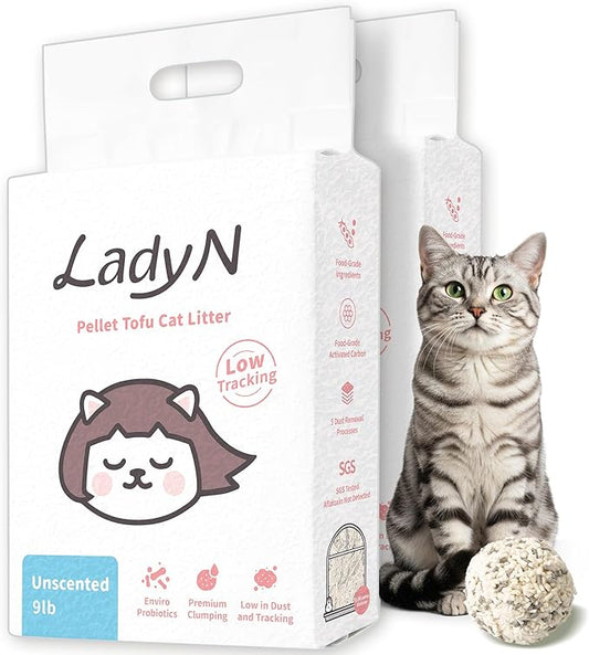 Lady N Pellet Tofu Cat Litter, Strong Clumping Ultra Absorbent, Dust-Free Low Tracking, Enviro-probiotic and Activated Carbon for Odor Control 18lb (2 Packs Unscented)