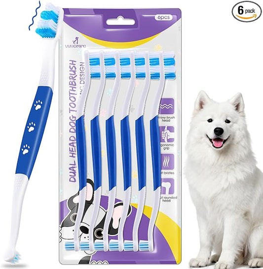 Dog Toothbrush – Newly Upgraded Dual-Head Design with 60° Wavy Bristles – Gently Surrounds Teeth for Deep Cleaning and Plaque Removal – Non-Slip Handle, Ideal for Daily Pet Dental Care (Blue, 6-Pack)