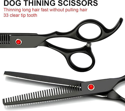 Professional Dog Grooming Scissors Set Stainless Steel Dog Grooming Kit - Thinning, Curved Scissors and Comb for Cat Pet (Black 5 in1)