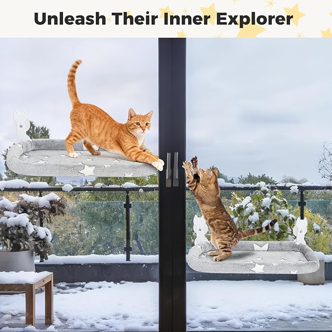 Homimp Cat Window Perch,Cordless Cat Window Hammock for Wall with 4 Strong Suction Cups,Solid Metal Frame and Two Replaceable Covers,Foldable Cats Bed for Large Cats and Kittens,Indoor Pet Seat,Grey M