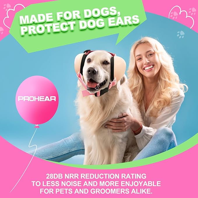 PROHEAR Dog Ear Muffs Hearing Protection for Dogs, NRR 28dB Noise Cancelling Headphones, Easy to Adjust Dog Hearing Protection Earmuffs for Thunder, Hunting, Tourism, Cars, Racing, Large, Pink