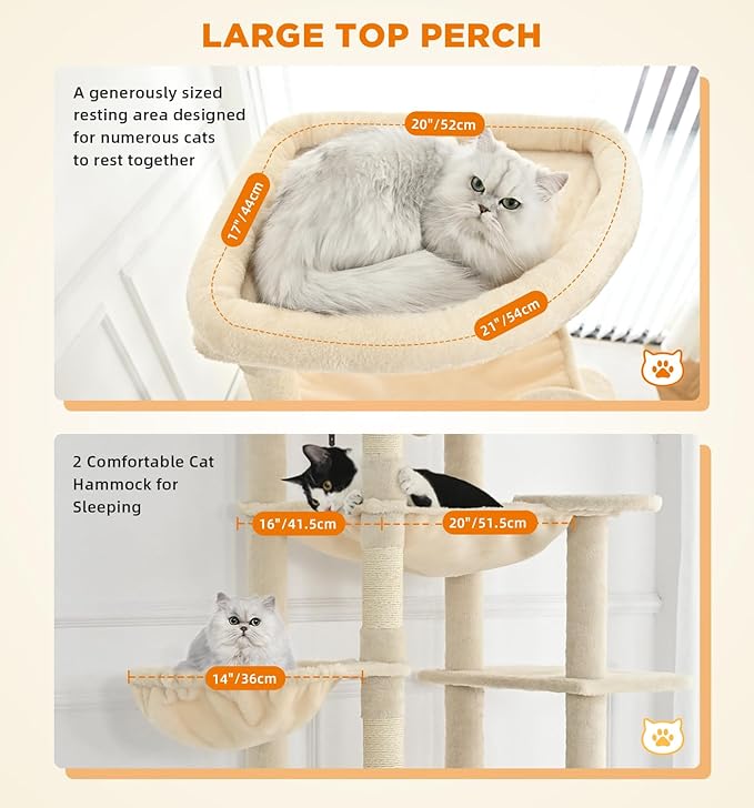 Made4Pets Tall Cat Tree, 71 Inches Cat Tree Tower for Indoor Cats Large Adult, Plush Multi-Level Cat Tower with 5 Scratching Posts, 2 Hammock, Condo and Perch, Big Cat House Indoor, Beige