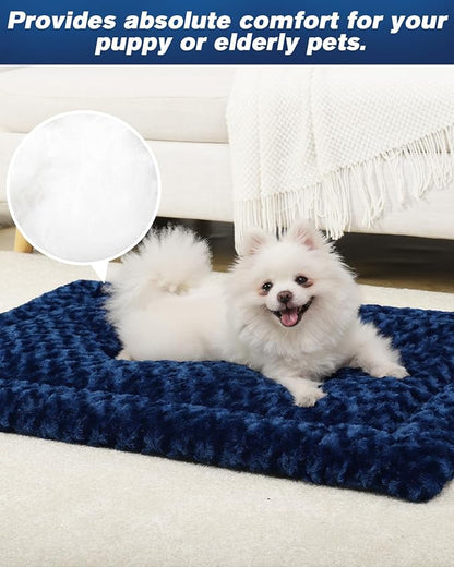 Washable Dog Bed Mat Reversible Dog Crate Pad Soft Fluffy Pet Kennel Beds Dog Sleeping Mattress for Large Jumbo Medium Small Dogs, 29 x 18 Inch, Blue
