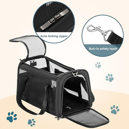 Petsfit Airline Approved Dog Carrier Cat Carrier, Soft-Sided Collapsible Pet Carrier for Travel, 3 Carrying Ways, Lightweight and Ventilation on 5 Sides, Escape Proof, with Soft Fleece Pad