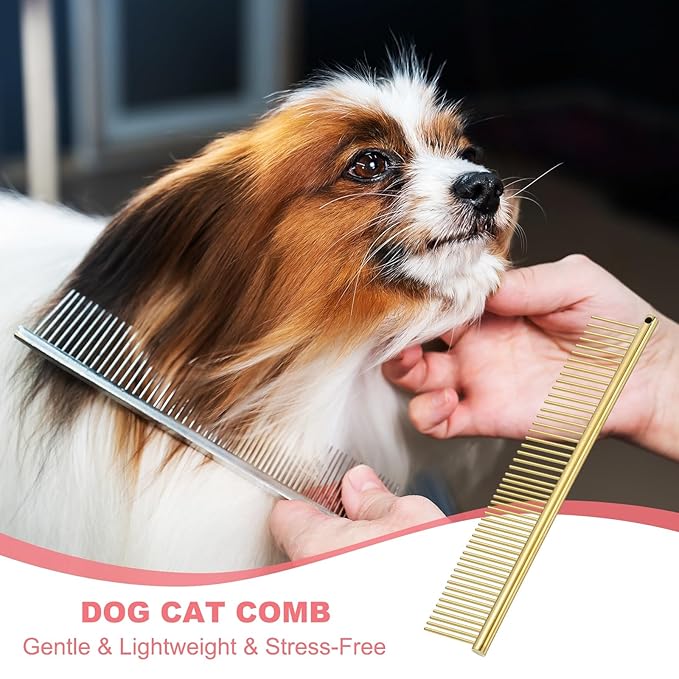 Dog Cat Comb, Pet Combs Stainless Steel Teeth with Rounded Ends for Knots Mats Loose Hair Removal, 6.5IN (Gold Plated, 3 Pack), Grooming Tool Intended for Long Curly Hair Pet