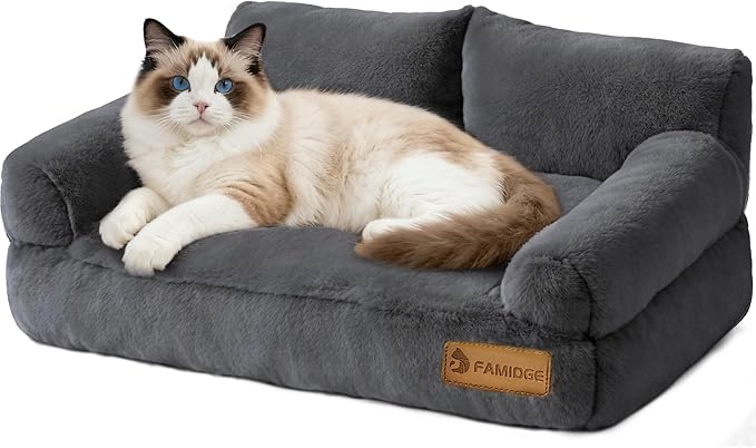 Plush Cat Couch Bed - Cat Bed for Indoor Cats, Dog Sofa Bed, Short Rabbit Fleece Calming Pet Couch with Removable Cover, Anti-Shedding Pet Sofa for Small/Medium Pets (26×18×12in, Dark Grey)