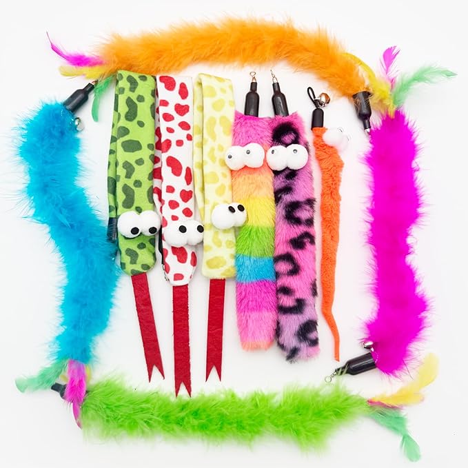 Cat Wand Replacement Feather Worm Snake, 10 Pieces Cat Wand Attachments Assorted Snakes Worms Feathers Refill Toy for Indoor Cats (B)