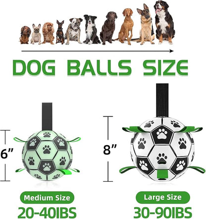 QDAN Glow in The Dark Dog Toys Soccer Ball with Straps - Light Up Dog Balls for Large Dogs, Interactive Dog Toys with Strap for Tug of War,Puppy Birthday Gifts (8 Inch)
