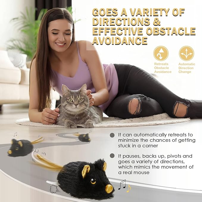 Cat Toys Squeaky Rechargeable Moving Mouse with Dynamic Magic Tail, Automatic Self Play Cat Toy for Indoor Kittens (Black)