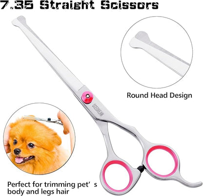 Dog Grooming Scissors With Safety Round Tips 5 in 1 - 4CR Stainless Steel Professional Pet Shears for Dogs and Cats, Pink