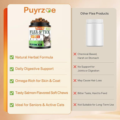 4-in-1 Flea Treatment for Cats Chewable, Natural Cat Flea and Tick Prevention Chewable Supplement for Skin & Coat | Immunity Support | Digestive | Flea & Tick Treatment for All Breeds & Sizes