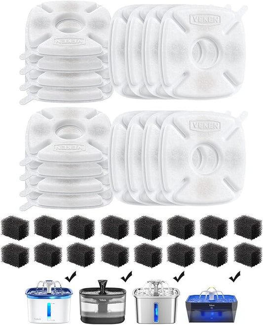 Veken Cat Water Fountain Filter, Classic 16 Pack Replacement Filters & 16 Pack Replacement Pre-Filter Sponges for 50oz, 84oz, 95oz or 108oz Automatic Pet Fountain Dog Water Dispenser