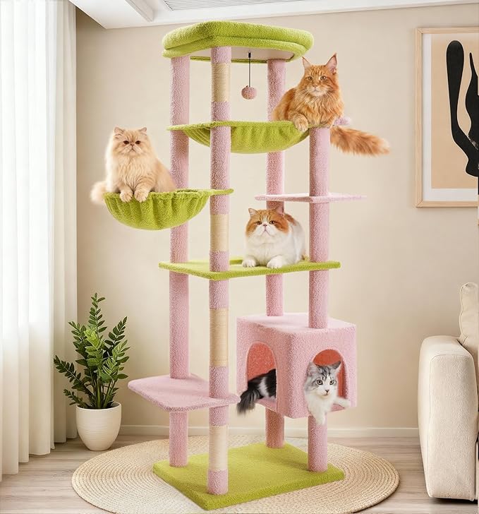 Made4Pets Tall Cat Tree, 71 Inches Cat Tree Tower for Indoor Cats Large Adult, Plush Multi-Level Cat Tower with 5 Scratching Posts, 2 Hammock, Condo and Perch, Big Cat House Indoor, Pink