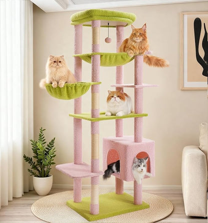 Made4Pets Tall Cat Tree, 71 Inches Cat Tree Tower for Indoor Cats Large Adult, Plush Multi-Level Cat Tower with 5 Scratching Posts, 2 Hammock, Condo and Perch, Big Cat House Indoor, Pink