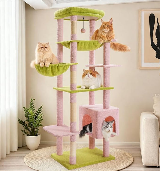 Made4Pets Tall Cat Tree, 71 Inches Cat Tree Tower for Indoor Cats Large Adult, Plush Multi-Level Cat Tower with 5 Scratching Posts, 2 Hammock, Condo and Perch, Big Cat House Indoor, Pink