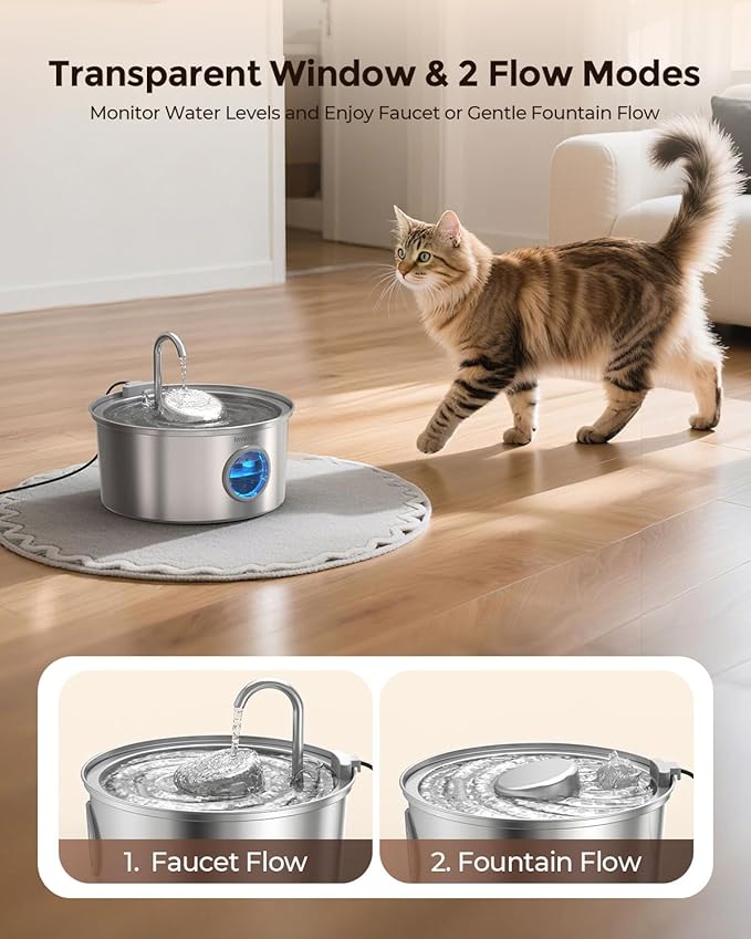 Invengo Cat Water Fountain Stainless Steel, 3.2L/108oz Pet Drinking Fountain for Cats Dogs, Automatic Cat Fountain with 2 Flow Modes, Splash-Proof Bowl, Includes 4 Replacement Filters