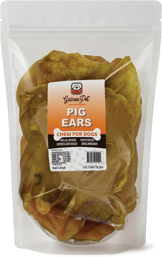Gaines Pet Pig Ears for Dogs – 15 Count, All-Natural Whole Ears – No Additives or Hormones, Rawhide Alternative, Supports Dental Health, Easily Digestible Treat for Small to Large Dogs