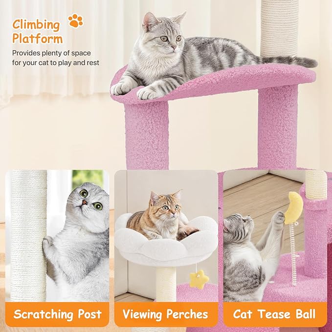 Athena Collection Small Cat Tree Condo with Sisal Scratching Post, 33 Inch Modern Cute Flower Cat Tree Tower with Cozy Perch Toy Ball for Indoor, Kittens, Purple