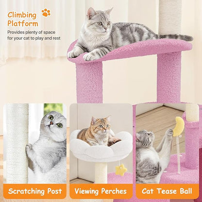 Athena Collection Small Cat Tree Condo with Sisal Scratching Post, 33 Inch Modern Cute Flower Cat Tree Tower with Cozy Perch Toy Ball for Indoor, Kittens, Purple