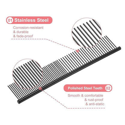 Dog Cat Comb, Pet Combs Stainless Steel Teeth with Rounded Ends for Knots Mats Loose Hair Removal, 6.5/7.5IN (Black Coated, 2 Pack), Grooming Tool Intended for Long Curly Hair Pet
