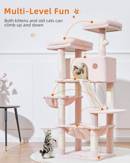 Taoqimiao Cat Tree 57.5-Inch, Cat Tower for Indoor Cats Large Adult, Extra Large Cat Condo, 8 Sisal Scratching Posts, Metal Frame Cozy Hammock, Durable Scratch Board, 2 Top Perches, Jelly Pink MS026P