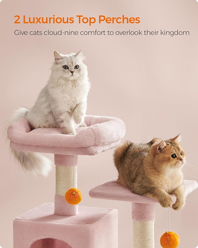 Feandrea Cat Tree, 61-Inch Cat Tower for Indoor Cats, Plush Multi-Level Cat Condo with 5 Scratching Posts, 2 Perches, 2 Caves, Hammock, 2 Pompoms, Jelly Pink UPCT192P01
